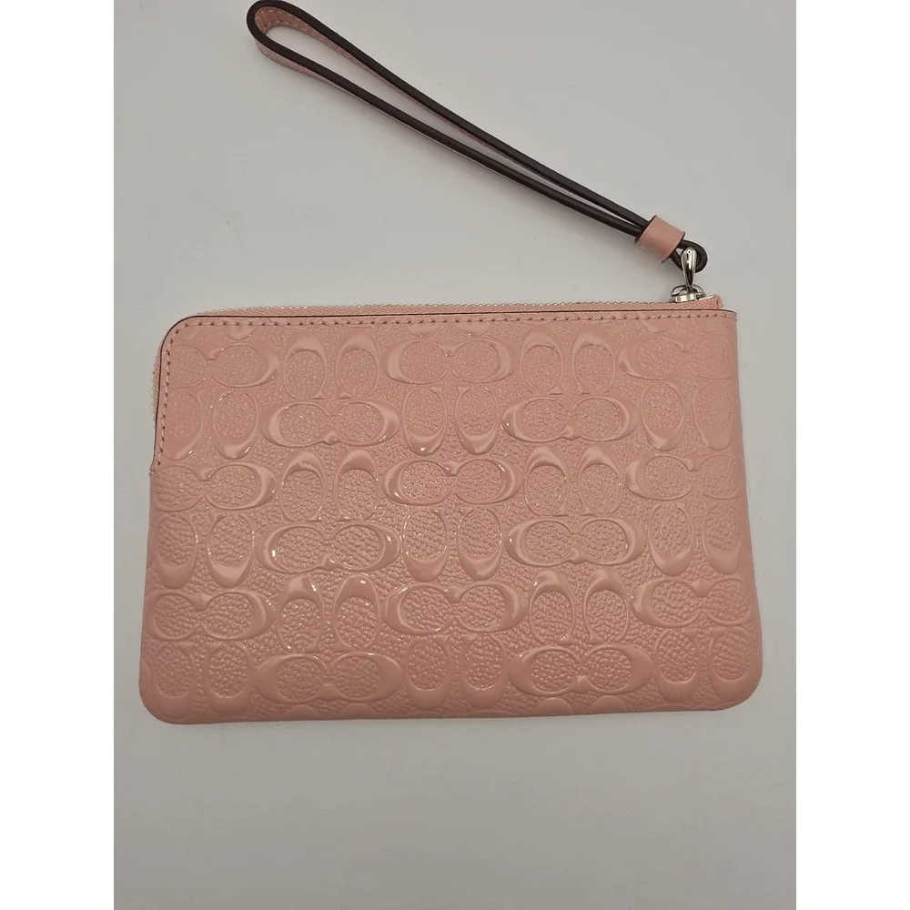Coach Small Corner Zip Wristlet Pink Signature Patent Leather